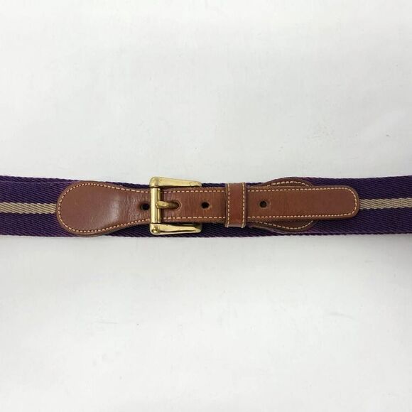 VINTAGE DOONEY & BOURKE BROWN LEATHER PURPLE STRIPE WOOL WOMENS BELT 34 1.25" - Picture 1 of 4